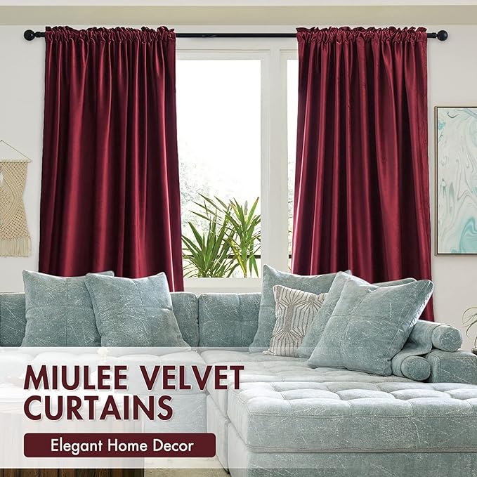 MIULEE Burgundy Velvet Curtains Thermal Insulated Blackout Curtain Christmas Drapes for Bedroom Living Room Darkening 96 Inches Long Curtains Panels Rod Pocket Set of 2