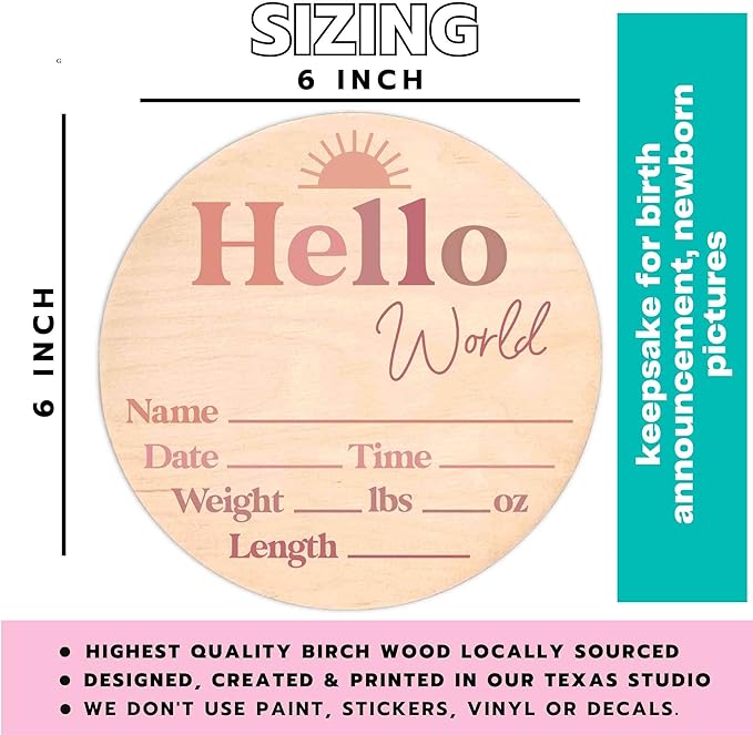 Hello World Newborn Sign - Baby Name Birth Announcement Plaque for Hospital - Photo Prop - Nursery Decor - Shower Gift