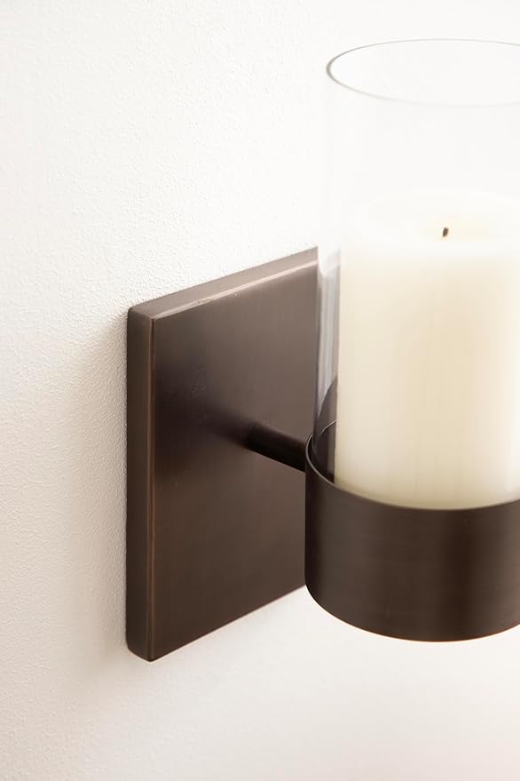 Kate and Laurel Zabler Modern Metal Wall Sconce, 5 x 6 x 10, Bronze, Round Candle Holder with Removable Glass Cylinder for Flameless Candle Display in Bedroom or Bathroom