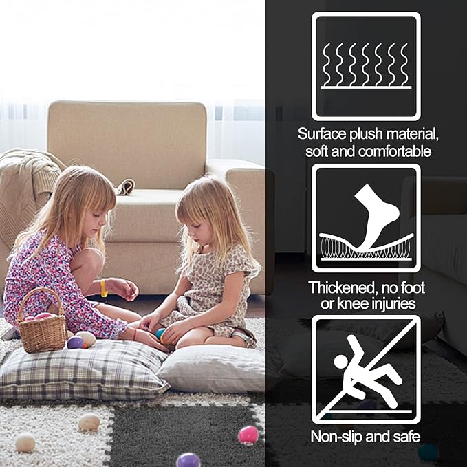12 pcs Plush Puzzle Foam Floor Mat for Kids- Thick Interlocking Fluffy Tiles with Border Square Rug Split Joint Soft Climbing Carpet Mats Shaggy Area Rug for Room Floor(11.8'', White & Gray)
