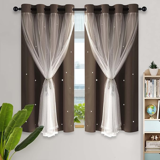 Kinryb Kids Blackout Curtains for Bedroom/Living Room/Classroom, Sheer Overlay Small 2 Panel Set, Double Layer Curtains with Star Cutout for Kids Room(W 52 x L 45 Inches,Chocolate 2 Pcs)