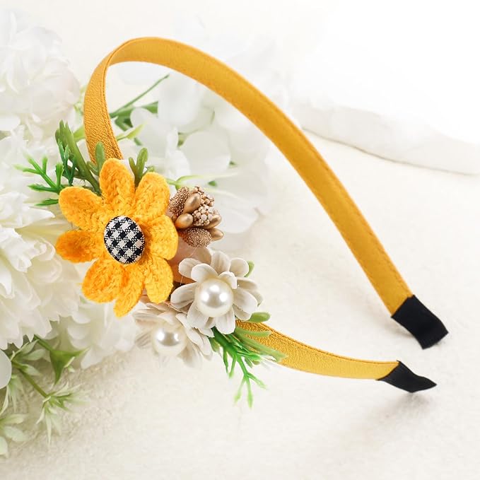 Flower Headbands for Girls Kids Toddlers Sunflower Floral Headpiece Non Slip Elegant Wedding Flower Crown Hairband Spring Summer Fashion Cloth Headdress Accessories for Birthday Party (Orange)