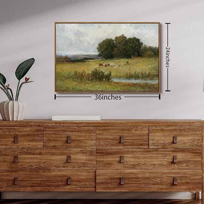 OIQArtOIQ Vintage Landscape Canvas Wall Art Framed Natural Scenery Painting Artwork Prints France Country Wilderness Farmhouse Decor Pictures Kitchen Bedroom Living Room Bathroom