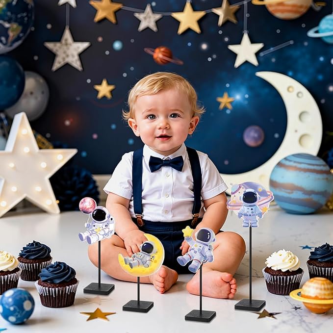 Outer Space Centerpieces for Tables Decorations, Blue White Wooden Astronaut Statues Figurines Set of 4, Space Theme Birthday Baby Shower Party Supplies Decor for Boy Nursery Room Self Desk Home