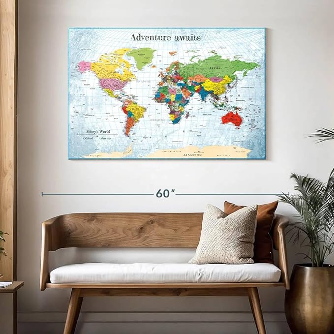 ElephantStock - Personalized Adventure Awaits IV Push Pin World Map Wall Art - Horizontal Canvas Wall Art - Living Room Wall Decor - Digital Art Map Canvas Art - Blue And Green Decor - 48" x 32"