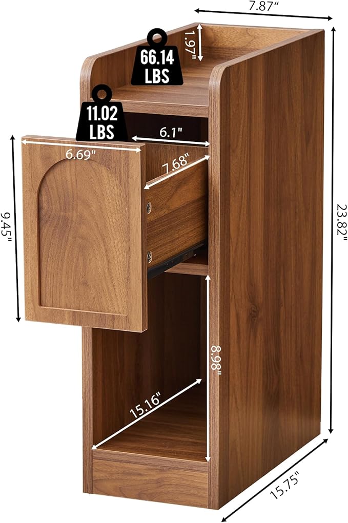 Narrow Nightstands Set of 2, Slim Bedside Tables with Raised Edge Top, Arched Drawer & Open Shelf, Modern Wooden Small End Tables for Bedroom Small Spaces (2, Walnut)