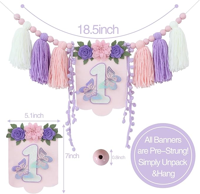 Handmade Butterfly Wildflower 1st Birthday High Chair Banner Purple Pink Floral Theme Party Decoration For Girls Wall Hangings Decorative