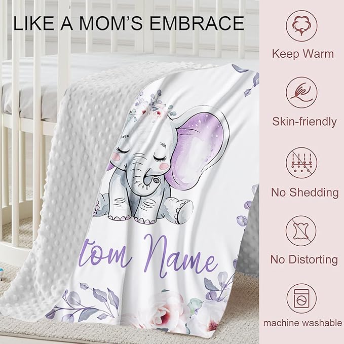 Personalized Crib Bedding Set for Boys Girls, Custom Baby Crib Sets with Name, Light Purple Elephant Design Nursery Bedding 2 Piece - Soft Blanket with Double Layer Dotted Backing, Crib Fitted Sheet