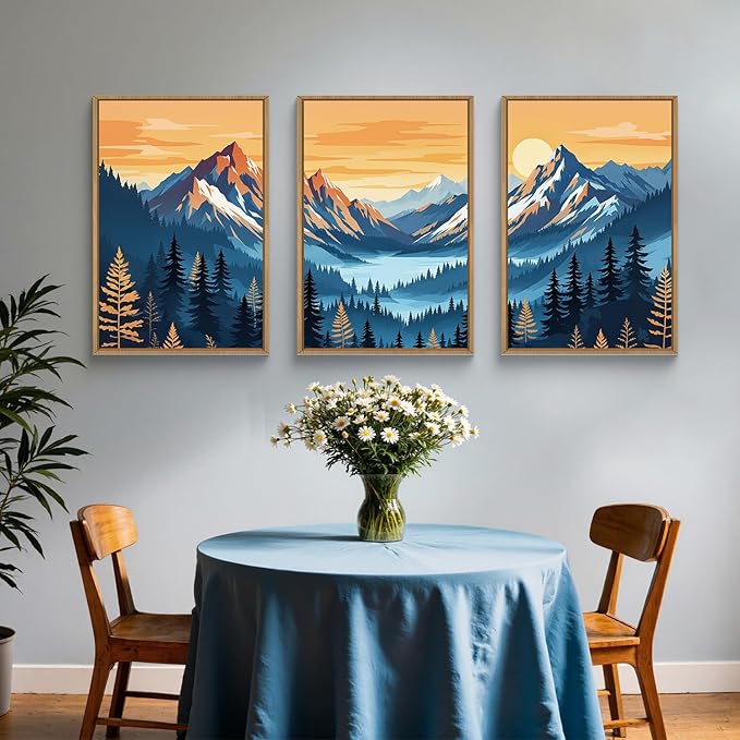 HLNIUC Boho Abstract Blue Orange Mountain Wall Art Framed, Large Pine Tree Ridge Wall Decor set of 3 (24"x36"), Sunset Forest Landscape Canvas Painting, Nature Prints for Living Room, Bedroom, Office