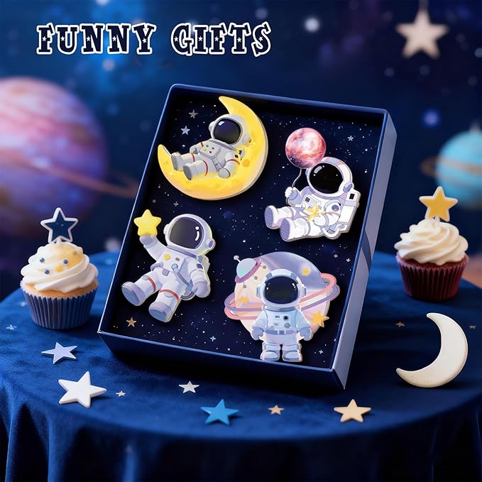Outer Space Centerpieces for Tables Decorations, Blue White Wooden Astronaut Statues Figurines Set of 4, Space Theme Birthday Baby Shower Party Supplies Decor for Boy Nursery Room Self Desk Home