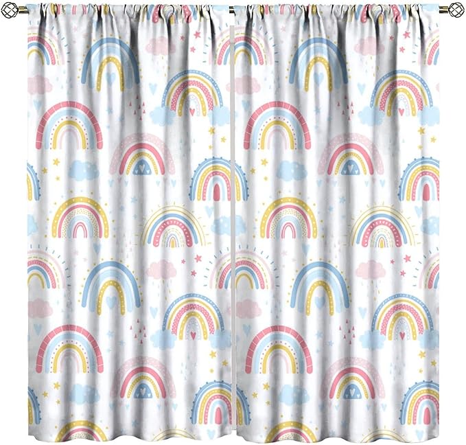 Kids Rainbow Curtains Boho Cartoon Colorful Stars Love Heart Lovely Abstract Art Pattern Print Window Drapes for Girl Bedroom Living Room Kitchen Decor,2 Panel Set,72Wx63H Inch Blackout