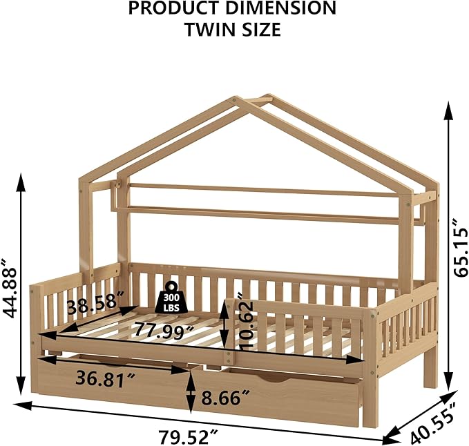 Aoowow Twin Size House Bed with Storage Drawers and Shelf,Kids Wooden Bed Frame Twin Platform Bed with Slats and Fence for Boys Girls Teens for Bedroom(Natural)
