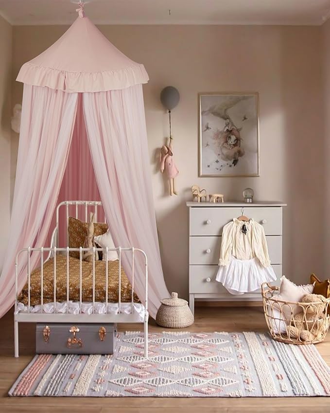 Large Bed Canopy with Star Lights, Double Layer Canopy for Bed, Princess Play Tent for Girls Room, Breathable Canopy Bed Curtain for Children Reading Nook, Machine Washable Canopy, 40''x106'', Pink
