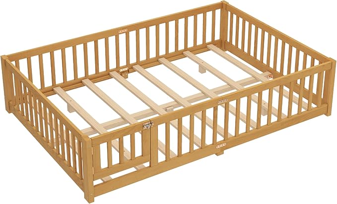 Bellemave Queen Size Floor Bed with Rails for Kids, Girls, Boys, Pine,Plywood Floor Bed with slats and Door, Natural
