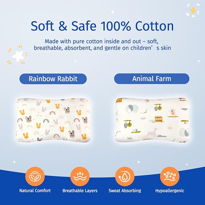 Toddler Pillow with Pillowcase, Breathable & Cozy Machine Washable Kids Pillow with Pillowcase, 21.6x13.8 Ergonomic Children Pillow for Boys and Girls Aged 6-12 (Farm, Height 3)