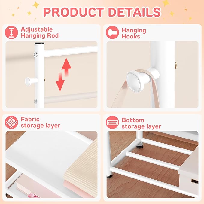 Kids Clothing Rack with 2-Layer Storage Shelf and 2 Adjustable Hanging Rods, Small Baby Closet Organizer for Hanging Clothes, Kids Dress Up Rack for Child (Classic, White)