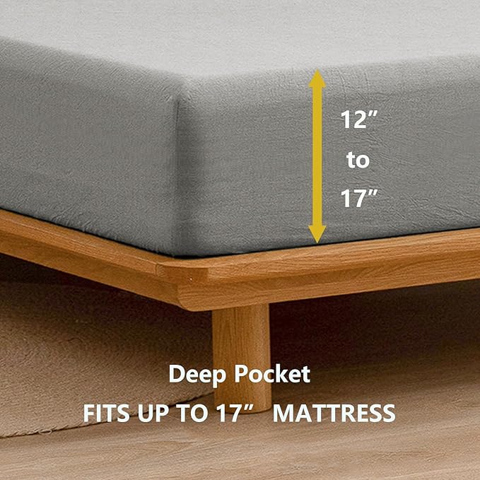 BESTOUCH Sheet Set 100% Washed Cotton Linen Feel Super Soft Comfortable Chic Lightweight 4 Pcs Home Bedding Set Solid Light Grey Cal King