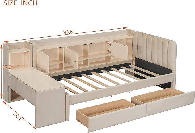 Twin Size Daybed with Desk, Storage Drawers and L-Shaped Bookshelf Headboard, Velvet Upholstered Soft Corner Bed with Flip Cabinets and Shelves for Kids Boys Girls, Beige