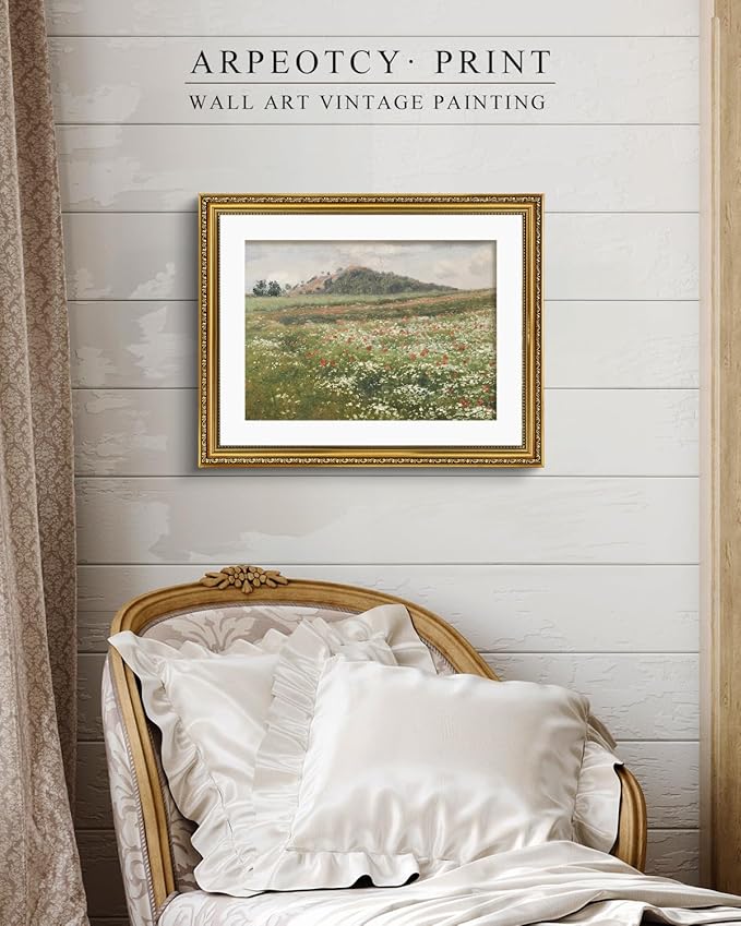 ARPEOTCY Vintage Gold Framed Large Wall Art, Fields with Wild Poppies Retro Paintings, Canvas Prints Artwork with Antique Frame, Victorian Wall Picture Decor for Gallery Living Room 16x20 inch