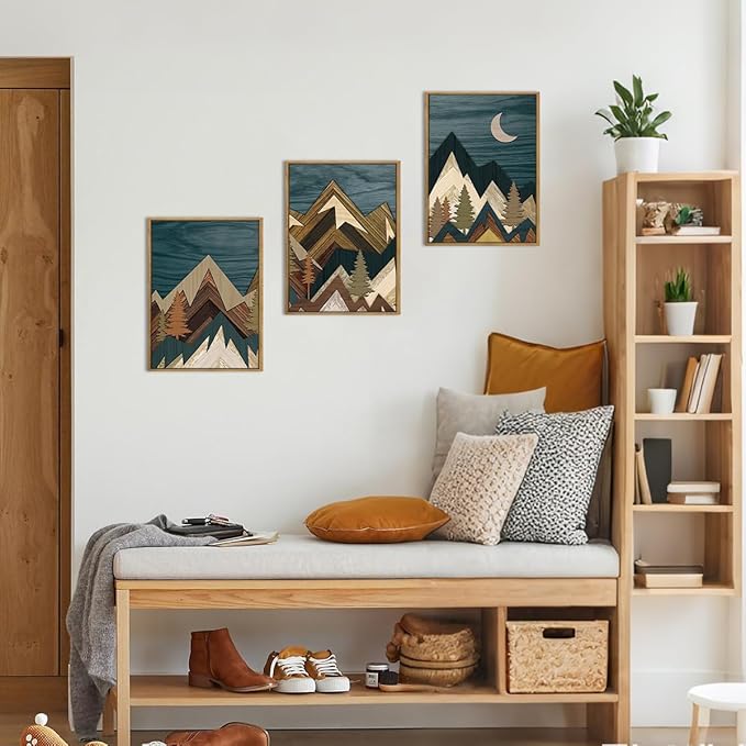 BINCUE Boho Mountain Wall Art Framed Landscape Wall Decor Modern Nature Artwork for Bedroom Living Room Office 12" Lx16 W Set of 3