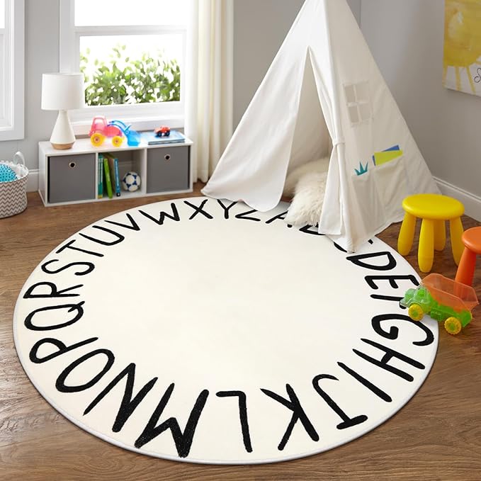 LIVEBOX Round ABC Play Room Rug for Kids, Alphabet Nursery Rug for Boys Girls, Circle Area Rug for Playroom, Machine Washable Rug Educational Crawling Mat for Children Classroom Toy Room(71",Black)