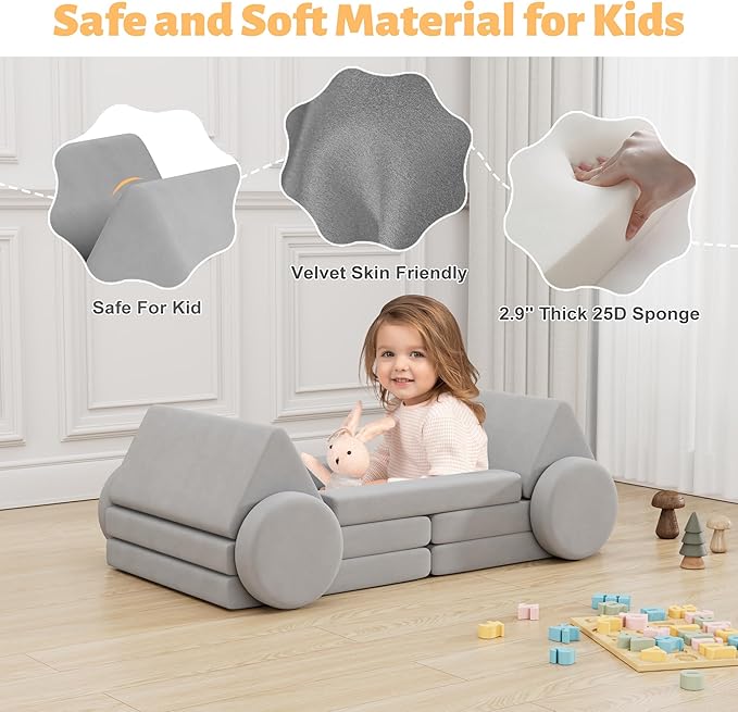 12 PCS Modular Kids Play Block Couch Child Sectional Soft Sofa Toddler Building Fortplay Climbing Bedroom Playroom Baby Convertible Floor Foam Cushion for Boys & Girls (car-Shaped-Grey)