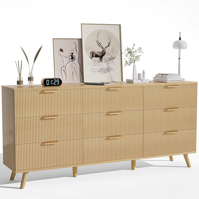 63" Long Fluted 9 Drawer Dresser for Bedroom - Modern Chest of Drawers - Natural Wood Dresser - Boho Storage Wood Organizer for Living Room, Hallway, Closet