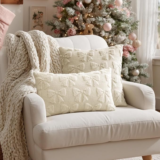 MIULEE Cream White Bow Pillow Covers Christmas Coquette Room Decor Aesthetic Set of 2 Decorative Cute Girl Throw Pillow Soft Plush Faux Pillowcase for Girl Bed Couch Sofa,18x18 Inch