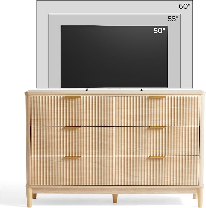 LINSY HOME Fluted Dresser for Bedroom with 6 Drawers, 54" Wide Mid Century Modern Dressers, Tall Boho Chest of Drawers, Large Wood Accent Storage Cabinet for Living Room, Curved Profile Design, Oak