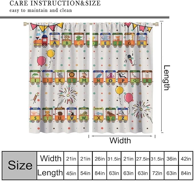 Alphabet Train Kids Curtain Animals Alphabet Children Teens Early Learning Printed Rod Pocket Window Treatments for Classroom Bedroom Nursery Playroom Decor 42" W X 45" L