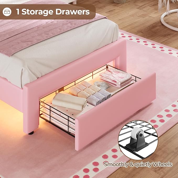 BTHFST Twin Size Girl Bed with Storage Drawer & LED Lights, Upholstered Platform Bed, Adjustable Headboard with Velvet Crystal Button Princess Bed, Solid Wood Slats Support, No Box Spring Needed, Pink