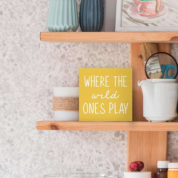 Where The Wild Ones Play Yellow Wood Box Sign Desk Decor 5X5, Nursery Kids Room Wooden Block Sign Decorations for Playroom Toddler Boys Girls Room Wall Tabletop Shelf Decor
