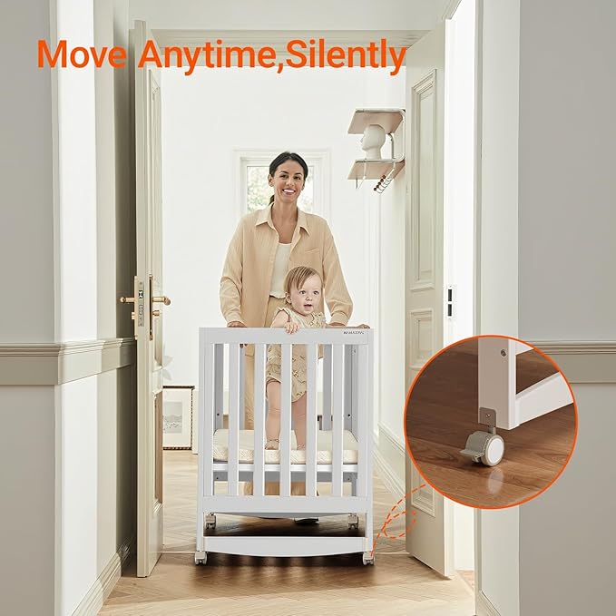 MAMAZING EvoNest Baby Crib, 6 in 1 Convertible Mini Crib with Wheels, 100% New Zealand Wood Growing Bed, 4 Adjustable Mattress Height, GREENGUARD Gold Certified, White