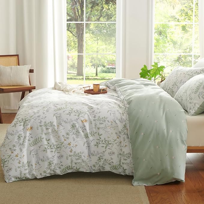 Botanical Duvet Cover Twin Sage Green Reversible Floral Bedding Set Farmhouse Leaf Bedding 2Pcs Modern Aesthetic Duvet Covers with Zipper Closure Ultra Soft Microfiber
