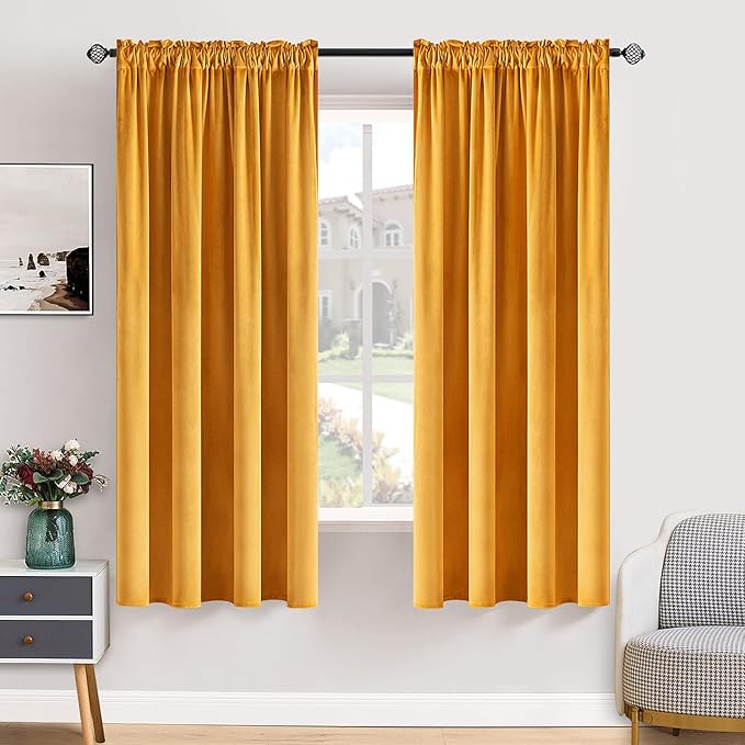 MIULEE Mustard Yellow Velvet Curtains Thermal Insulated Blackout Curtain Fall Drapes for Bedroom Living Room Darkening 63 Inches Long Curtains Panels Rod Pocket Set of 2