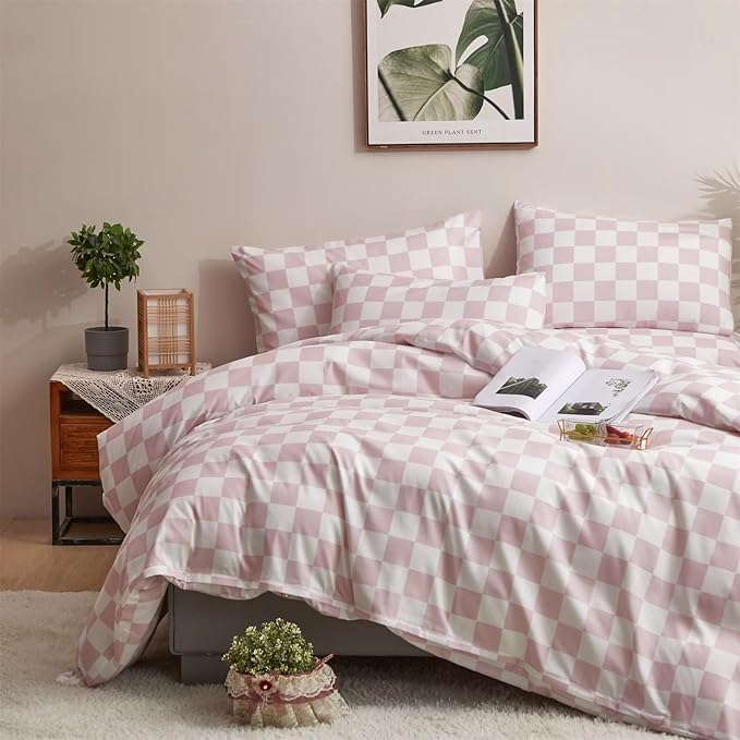 Houseri White and Pink Duvet Cover Queen Plaid Checkerboard Bedding Set - Elegant Light Pink Grid Buffalo Checkered Comforter Cover