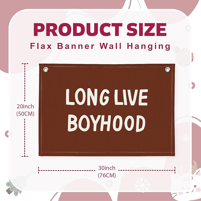 Lacama Long Live Boyhood Banner, Vintage Linen Wall Hanging Flag for Nursery Playroom, Toddler Boys Room Decor, 30x20 Inch