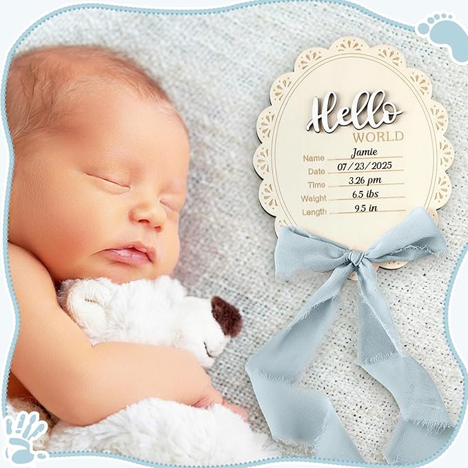 Baby Announcement Sign 7 Inch Double Sided Wooden Hello World Newborn Engraved Sign with Organza Bag Marker Pen Ink Pad Ribbon Bow for Baby Shower Hand Footprints Photo Prop (Blue Bow)