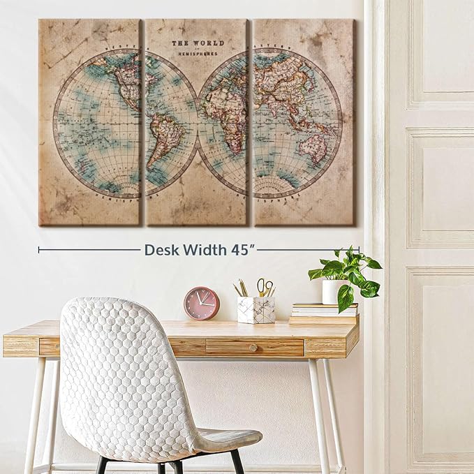 ElephantStock Hemisphere Map Wall Art Multi Piece Canvas - 3 Piece Canvas World Map Wall Decor - Wall Decor Print - Vintage Wall Art - 45" X 28"