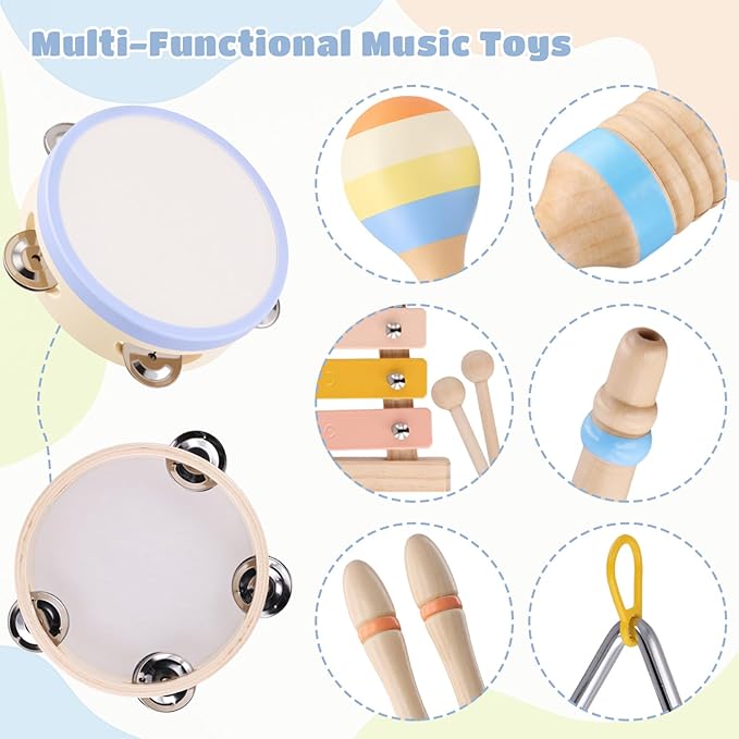 Montessori Wooden Musical Instruments for Toddlers 1-3, Baby Music Toy Set with Xylophone, Tambourine, Triangle, Clarinet, Maracas, Natural Sensory Educational Toys for Boys and Girls