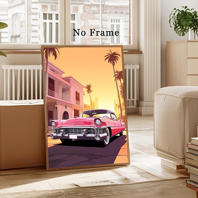 Pink Car Canvas Palm Tree Artwork Southwestern Canvas Wall Prints Pink Desert Painting Desert Mountain Wall Art Vintage Summer Poster Trendy Preppy Painting Summer Aesthetic Prints 16x24inch Frameless