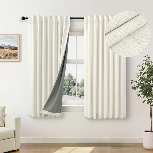 Pitalk Cream Blackout Curtains and Drapes 48 Inch Long Faux Linen Privacy RV Draperies for Small Windows Thermal Insulated Light Blocking Curtain for Kitchen Cafe Basement 52x48 Length Back Tab Pocket