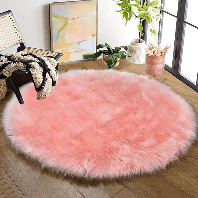 Pink Washable Fluffy Circle Rugs for Bedroom Small Faux Sheepskin Shag Fur Round Rugs 4ft Nursery Rug Cute Room