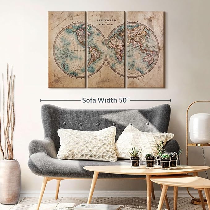 ElephantStock Hemisphere Map Wall Art Multi Piece Canvas - 3 Piece Canvas World Map Wall Decor - Wall Decor Print - Vintage Wall Art - 45" X 28"