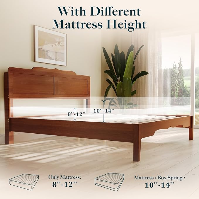 Queen Bed Frame with Headboard, Wooden Platform Bed with Wood Slats Support, Modern Bed Frame with Storage&Charging Station, No Box Spring Needed, Easy Assembly, Noise Free, Brown