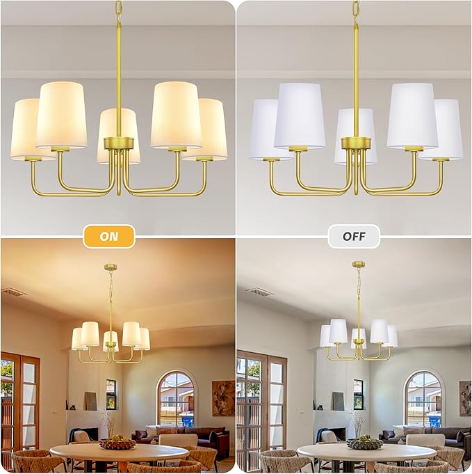 Farmhouse Chandelier, 5-Light Gold Chandelier with White Fabric Shade, Height Adjustable Modern Dining Room Light Fixture with E26 Base for Bedroom Foyer Hallway Entryway Kitchen Living Room