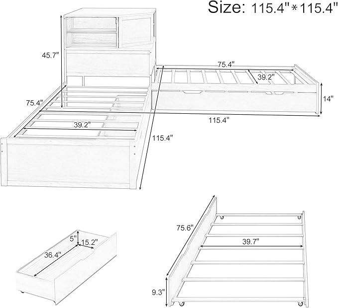 Harper & Bright Designs L-Shaped Corner Bed with Trundle, Wooden Double Twin Bed Frame for Kids, 3-in-1 Low Platform Bed with Built-in Nightstand and LED Light
