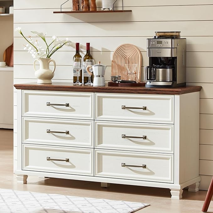 Farmhouse 6 Drawer Dresser for Bedroom, 54 inch Wide Large Vintage Chest of Drawers with Square Solid Wood Legs, Rustic TV Stand for Living Room, Wooden Storage Dressers for Hallway, White