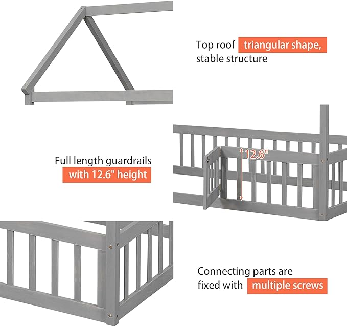 Merax Wooden House Bed, Floor Bedframe with Fence and Door,Full Guardrail, Twin Size, Grey