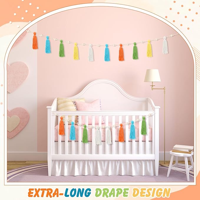 2 Pcs Tassel Garland with Wood Beads, Handmade Cotton Yarn Wall Hanging Banner Boho Tassel Wall Hanging Party Decor for Nursery, Birthday Baby Shower Home Classroom Decoration(Rainbow)
